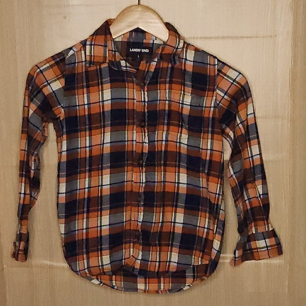 Lands' End Blue Orange Plaid Flannel Button Down Large